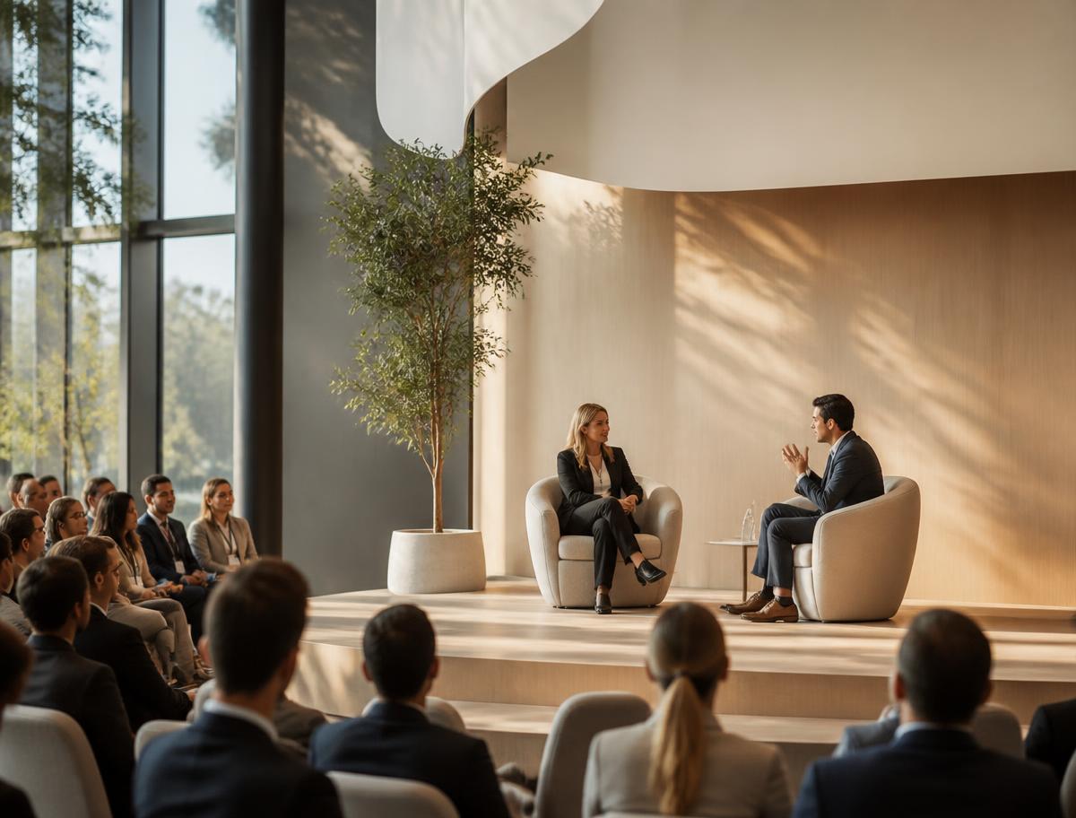 A conversation on stage at a light-filled modern conference venue