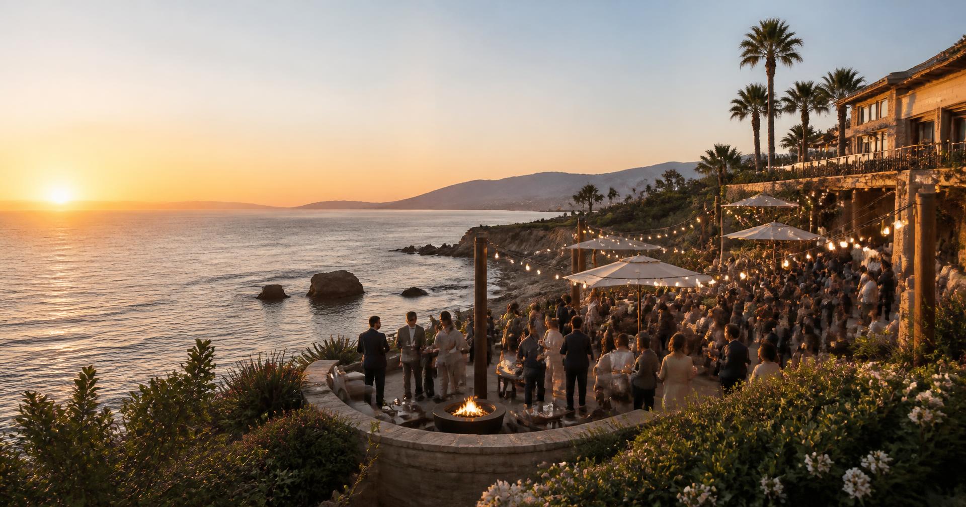 Guests gathered outdoors at a coastal resort at sunset