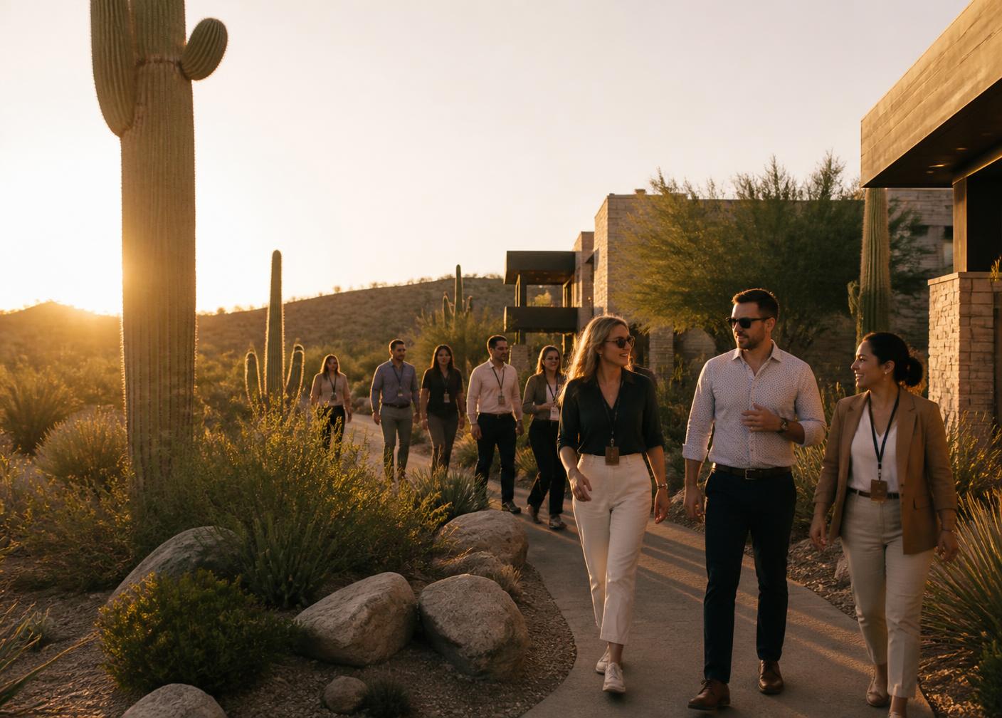 Colleagues walking a desert path at golden hour past a modern resort