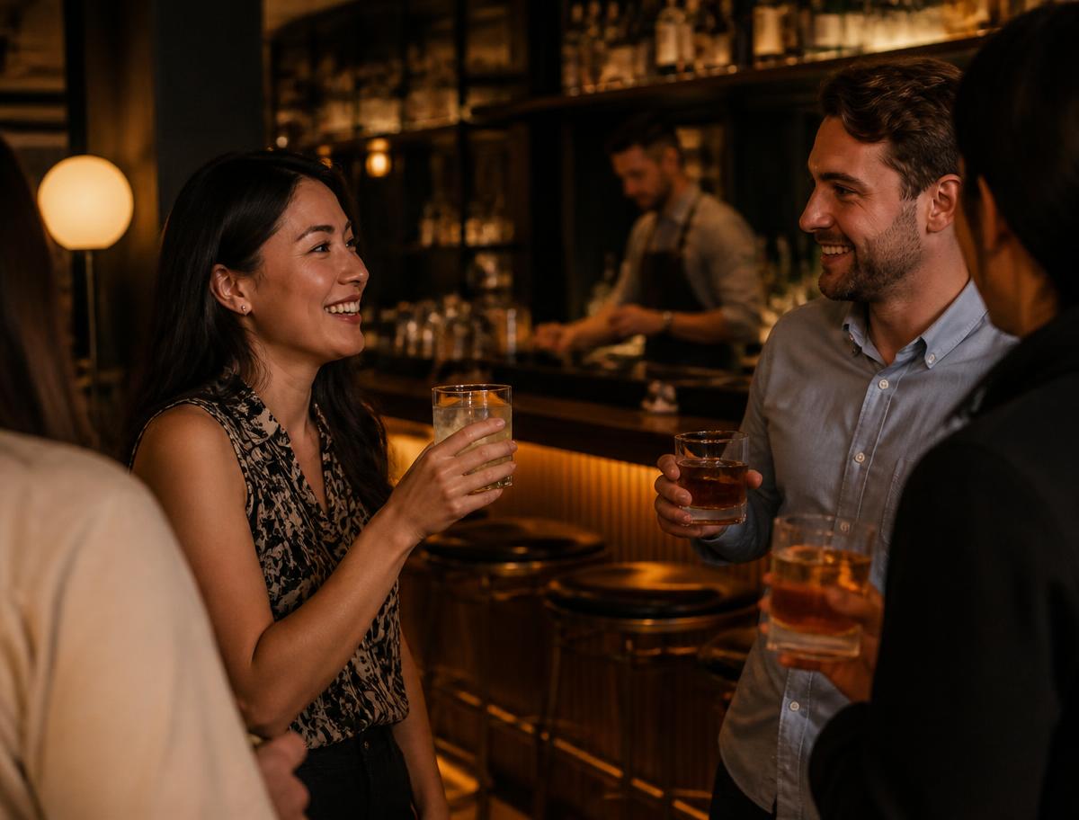 Colleagues talking over drinks in a warm modern bar