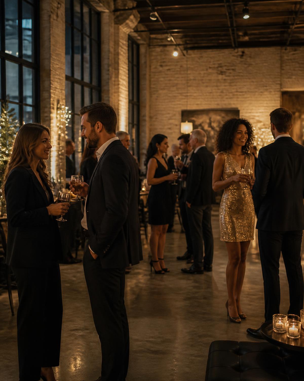 Guests mingling at an elegant holiday party in a loft space