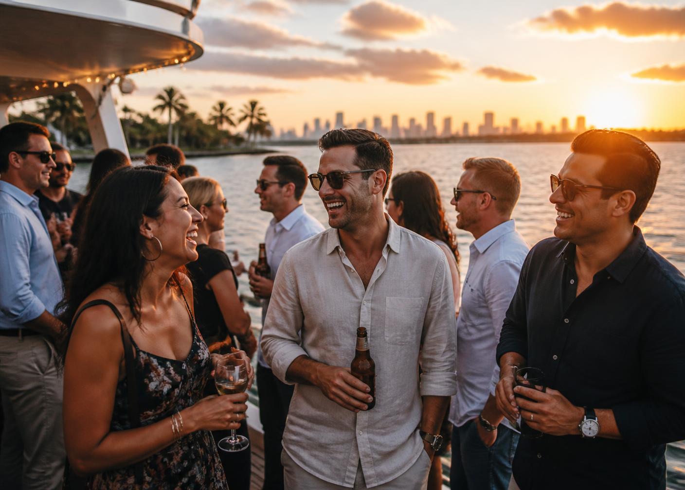 Colleagues laughing on a boat deck at sunset with the Miami skyline behind